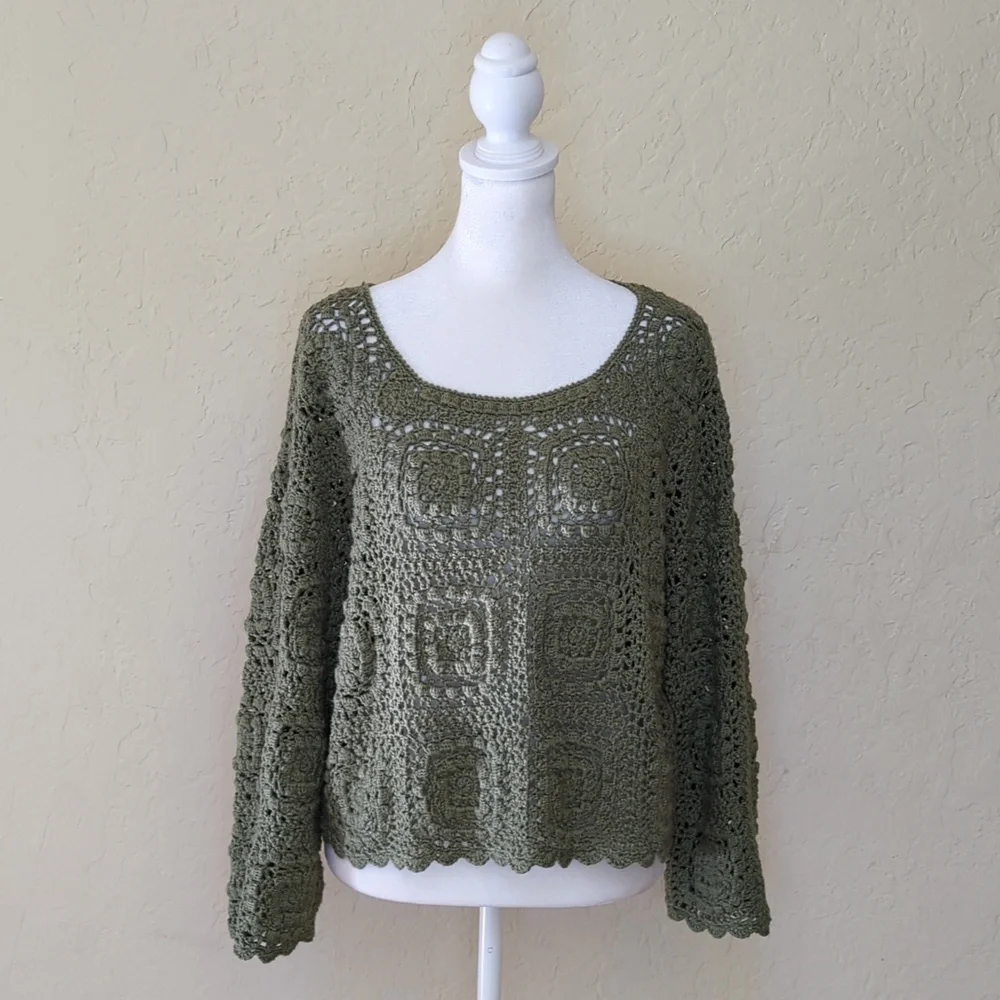 Zara Moss Green Limited Edition Crocheted Scoop Neck Sweater Size Small